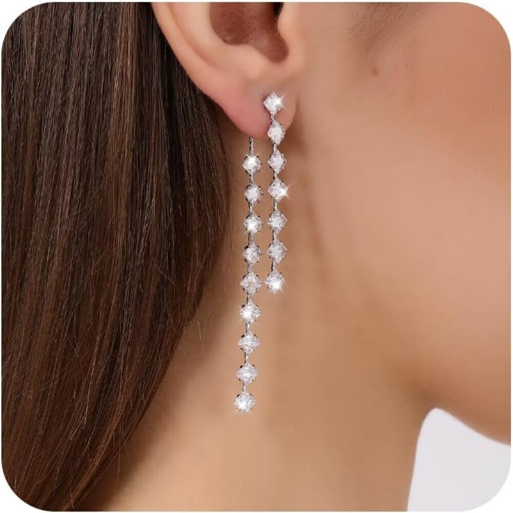 Sterling Silver Dangle Earrings Cubic Zirconia Long Drop Women Jewelry